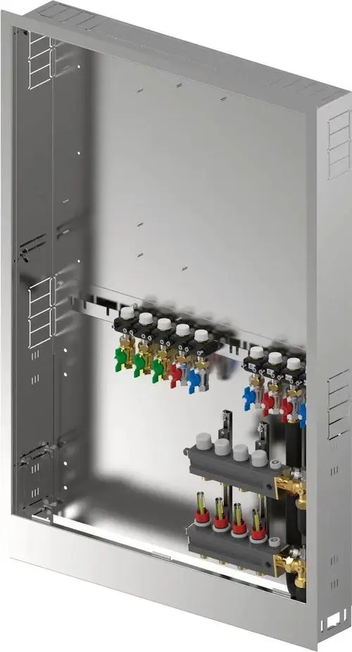Metallisches Verteilergehäuse mit Anschlüssen und Ventilen, konstruiert von Uponor, präsentiert in einer offenen Ansicht zur Installation in Heizungs- oder Sanitärsystemen.